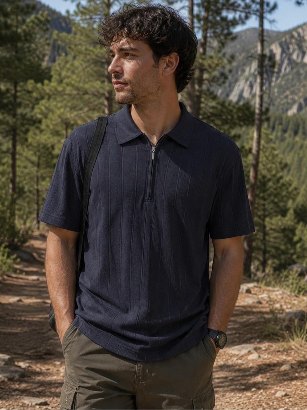 Men's Zipper Polo Shirt Casual Knit Short Sleeve Collar